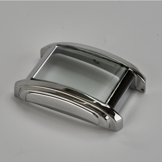 Precision CNC-machined rectangular stainless steel watch case prototype.
